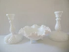 Vtg Fenton Milk Glass Hobnail Ruffled Edge Footed Bowl and Two Candle Holders
