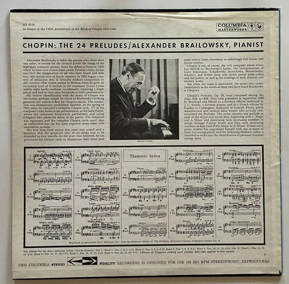 Brailowsky Chopin The 24 Preludes LP NM Columbia MS-6119 (1960) - Image 3 of 4