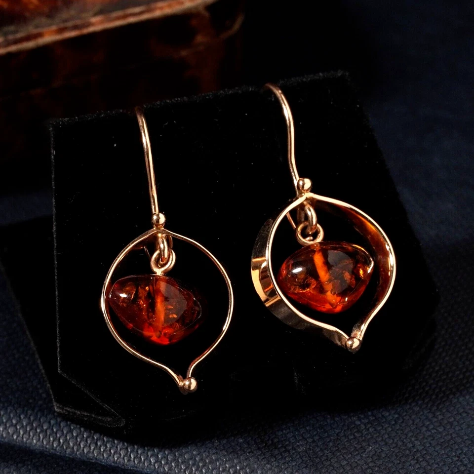 Pendientes colgantes vintage de ámbar báltico modernista soviético ruso oro rosa 14k Foto 2 de 4