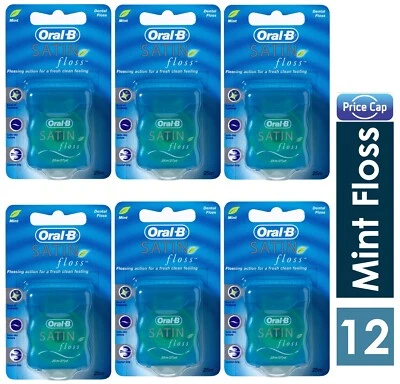 12 x Oral B Satin Floss 25m/27yd | Mint Dental Floss | Comfort Grip | Health Gum