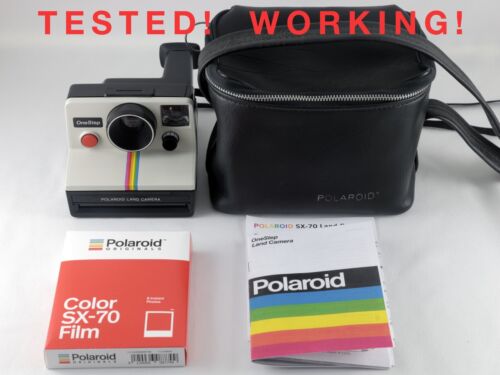 Vintage Polaroid SX-70 OneStep White Rainbow Stripe Instant Camera w/ Film Case - Afbeelding 1 van 6