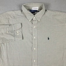 Ralph Lauren Shirt Mens 17.5 Beige Green Check Dress Button Up Long Sleeve