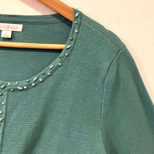 Roz and Ali Woman’s Teal Beaded Cardigan Sweater Cotton Blend Fancy Classic Sz L - Picture 8 of 19