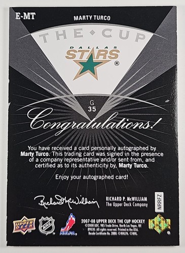 MARTY TURCO 2007-08 UD The Cup Enshrinements On-Card Auto 19/50 Dallas Stars - Picture 2 of 2