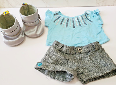 Build a Bear Outfit Silver Moon Boots Blue Sequin T Shirt Jeweled Walking Shorts