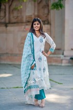 Women s Chanderi Kurti Pant Dupatta Set Indian Ethnic Festive Wear Salwar Kameez