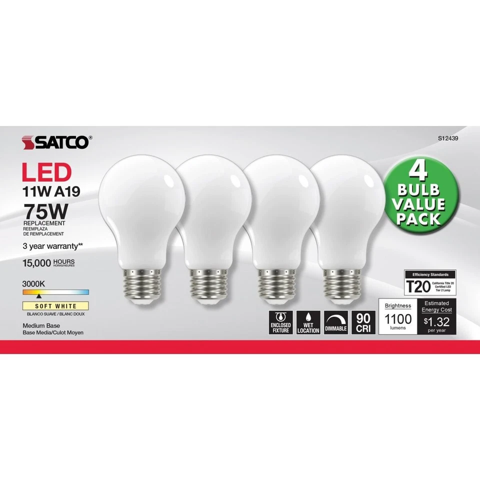 Satco S12439 -  11 Watt A19 LED Bulbs - 3000K (1,5,10 or 20) 4 Packs - Image 4 of 4