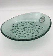 AnnieGlass Handmade Recycle Green Glass Oval Bowl Signed w/Tag  9”x8”