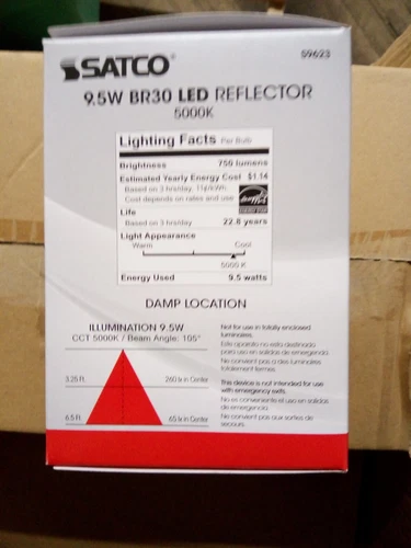Case of 6 Satco 9.5W BR30 LED 105° Angle, 5000K/Base, 120V/Dimmable - S9623 - Picture 3 of 6