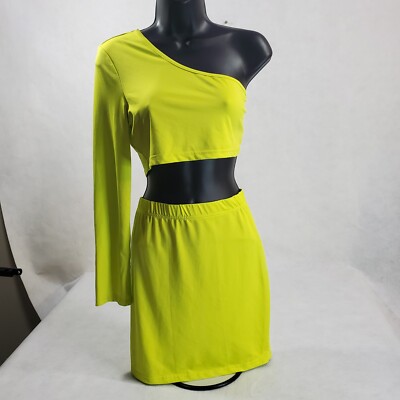 Shein Womens Crop Top One Long Sleeve skirt outfit L Green Mini