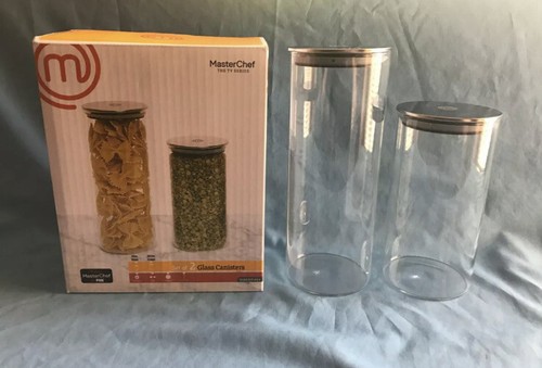 Set of 2 Clear Glass Master Chef Canisters Sealing Stainless Lids 6.5” & 8.5” - Picture 8 of 9