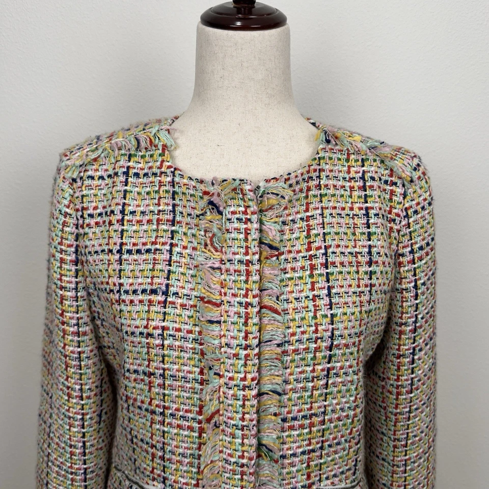 Halogen Jacket Blazer Womens Medium Rainbow Tweed Fringe Preppy Old Money Office - Image 2 of 4
