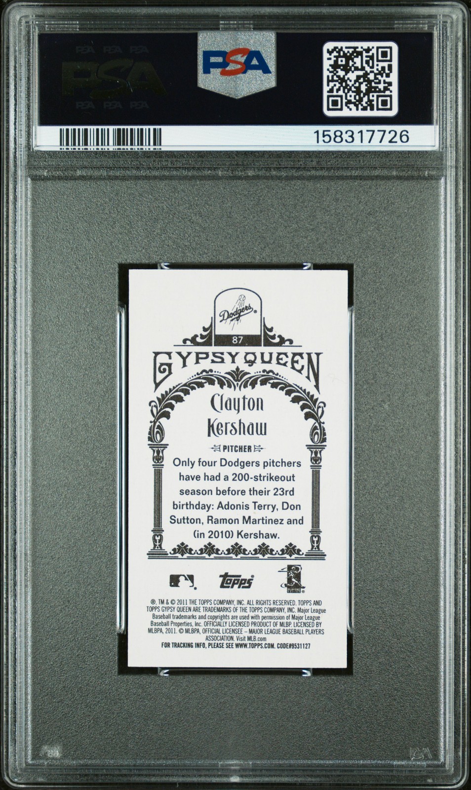 2011 Topps Gypsy Queen #87 Clayton Kershaw Mini PSA 10 view 2