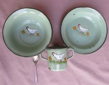 Antique Child's Green Enamelware Dish Set-Bowl,Plate,Cup,Spoon Germany