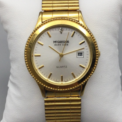 Vtg McGregor Hunt Club Watch Men 37mm Gold Tone Date Stretch Band