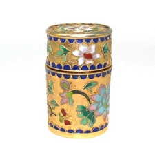 Cloisonné Lidded Trinket Box Gold and Blue Enamel Flowers 2 1/2" Cylinder