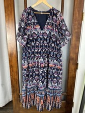 Old Navy Floral Maxi Dress XXL Tall Blue Aztec Tiered Smocked Waist Short Sleeve