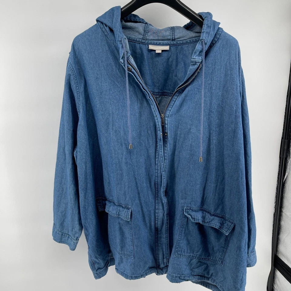 Woman Within Denim Hooded Jacket Womens 4X Blue Chambray Pockets Zip Lightweight - Image 2 of 4