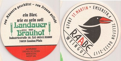 Landauer Brauhof - old beer mat ''Weingut Raabe, St. Martin''