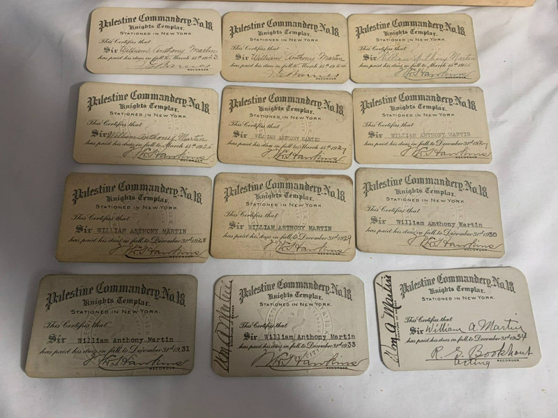 Knights Templar - Palestine Commandery No 18, New York - Dues cards 1923-1934