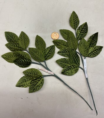 2 Stems Green Velvet Rose Leaves - 2 1/4'' - Made in Korea - Vintage