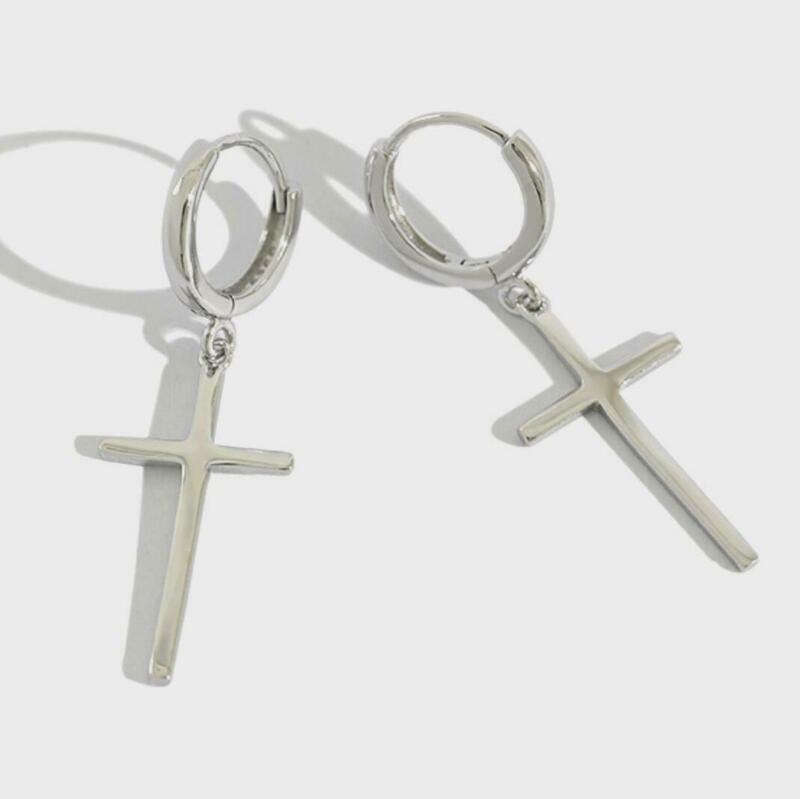 アクセサリー SILVER 925 925 Sterling Silver Dangle Drop Cross Huggie Hoop Earrings