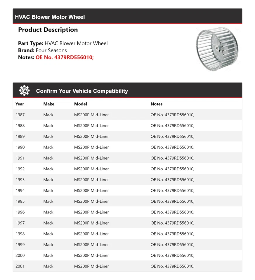 For 1987-2001 Mack MS200P Mid-Liner HVAC Blower Motor Wheel 4 Seasons 1988 1989 - Image 2 of 4