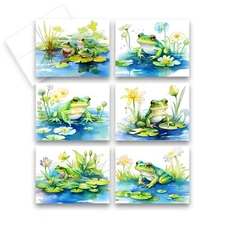 12 Assorted All Occasion Notecards Blank with Envelopes - Pond Frogs ( 2 of Each