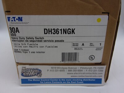 DH361NGK-EATON-HEAVY DUTY SAFETY SWITCH 3 POLE FUSIBLE,4 WIRE, 30A, 600V,NEMA 1