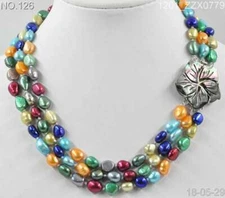 3row "8-9 mm multicolor freshwater cultured pearl necklace shell clasp AAA