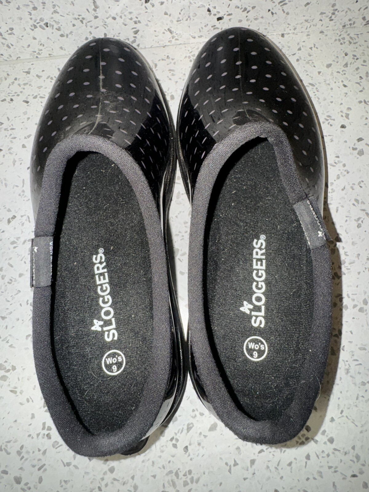 Sloggers Womens Rain Garden Slip on Clogs Black with Polka Dots Size 9