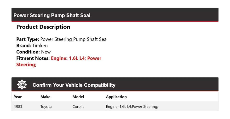 Bomba de dirección asistida para Toyota Corolla 1983 1,6 L L4 sello de eje Timken Foto 2 de 4