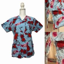 Comfy Cotton Scrubs Floral  Heart Print Nursing Medical Scrub Top Women  s Small