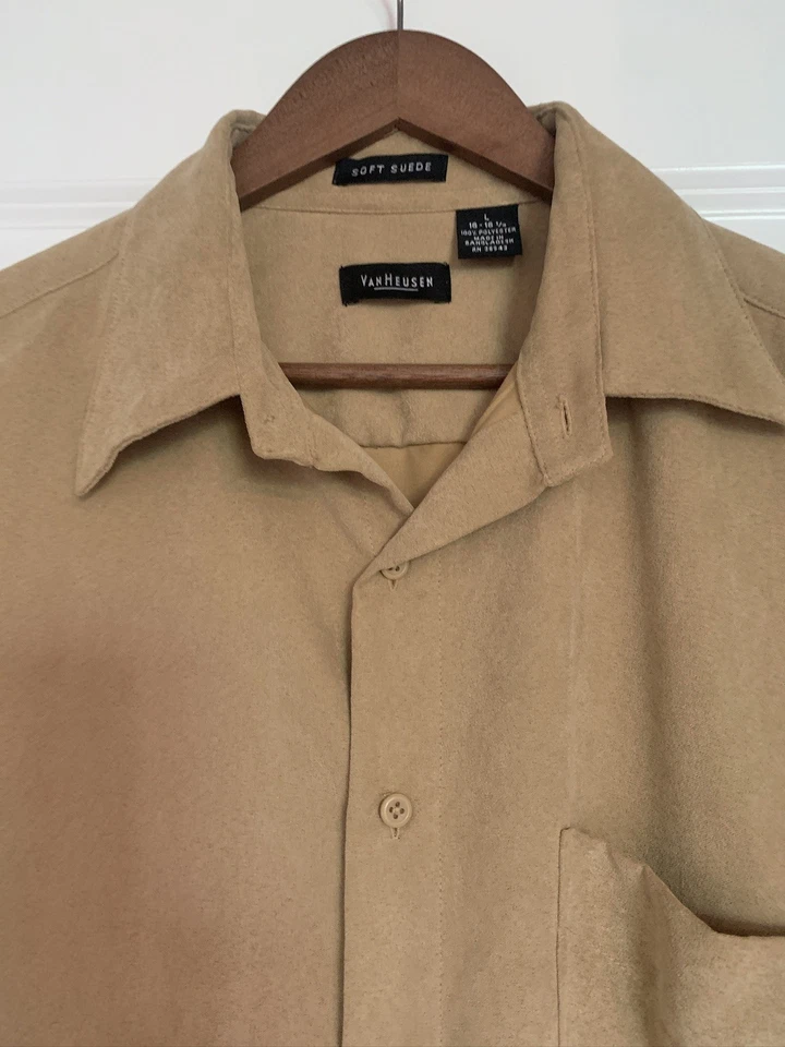 Camisa Van Heusen Para Hombre 16-16.5 Grande Tostada Suave Gamuza Abotonada Manga Larga Beige Foto 3 de 4