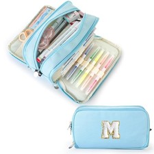 Extra Large Capacity Pencil Case 3 Compartment Initial Pencil Pouch Blue M
