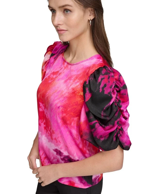 DKNY Women's Printed Puff-Sleeve Top (Shocking Pink, X-Small) - Image 3 of 4
