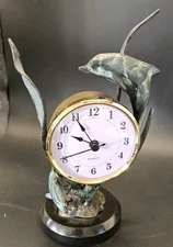 SPI Brass Frame Marble Base Coastal Dolphin Tabletop Clock Home Decor Works