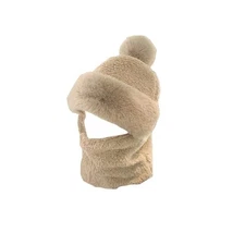 Winter Plush Beanie with Large Fluffy Ball and Ear Flaps for Cold Weather
