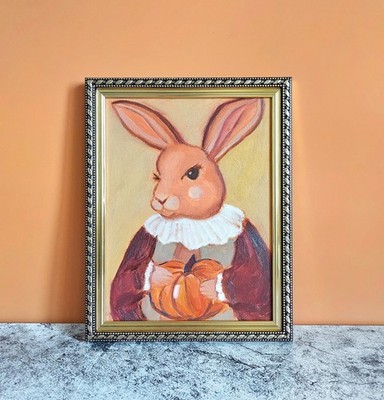 Easter Bunny Original Oil Painting Framed Royal Rabbit Pet Portrait Primitive