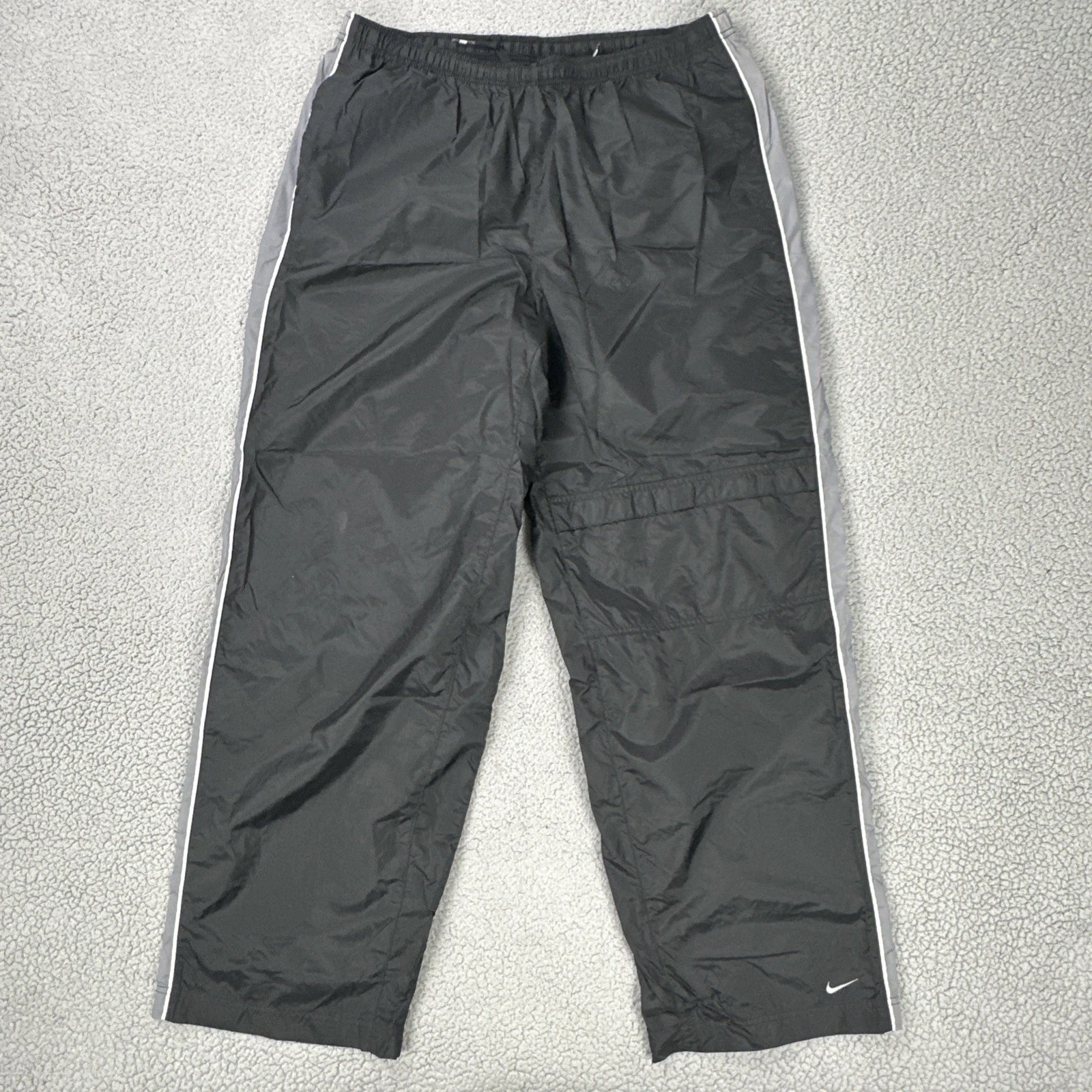 Vtg 90s Nike Nylon Track Pants Men 2XL Black Grey Striped Baggy Embroidered Logo