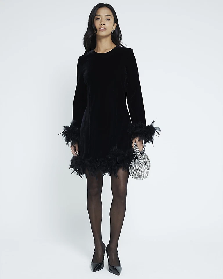 River Island Womens Black Mini Shift Velvet Dress 10 Petite