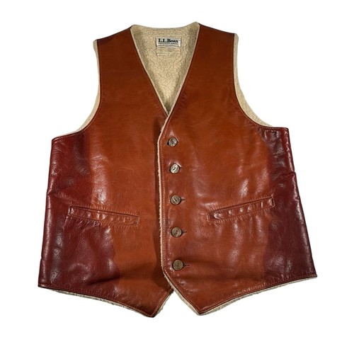 Vtg LL Bean Mens Cowhide Leather Vest Fits L Wool Lined Pockets 11342 Brown
