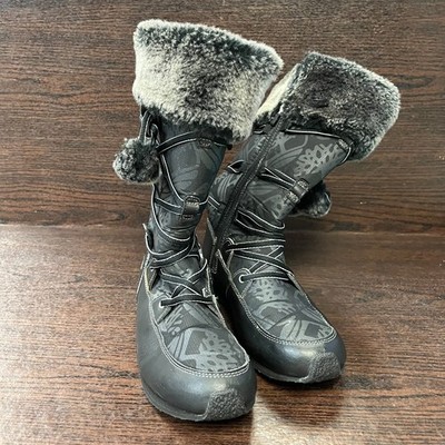 Timberland Girls' Winter Snow Boot Size 6.5 Black 70936M Faux Fur Trim Pom Pom