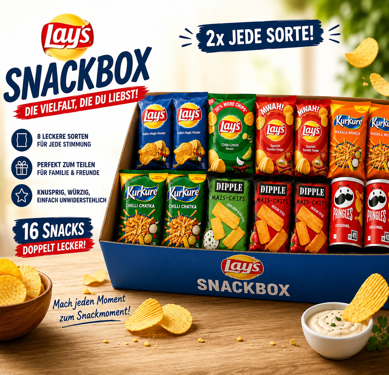 Premium Snackbox XXL – 16 internationale Chips & Snacks – 2x jede Sorte