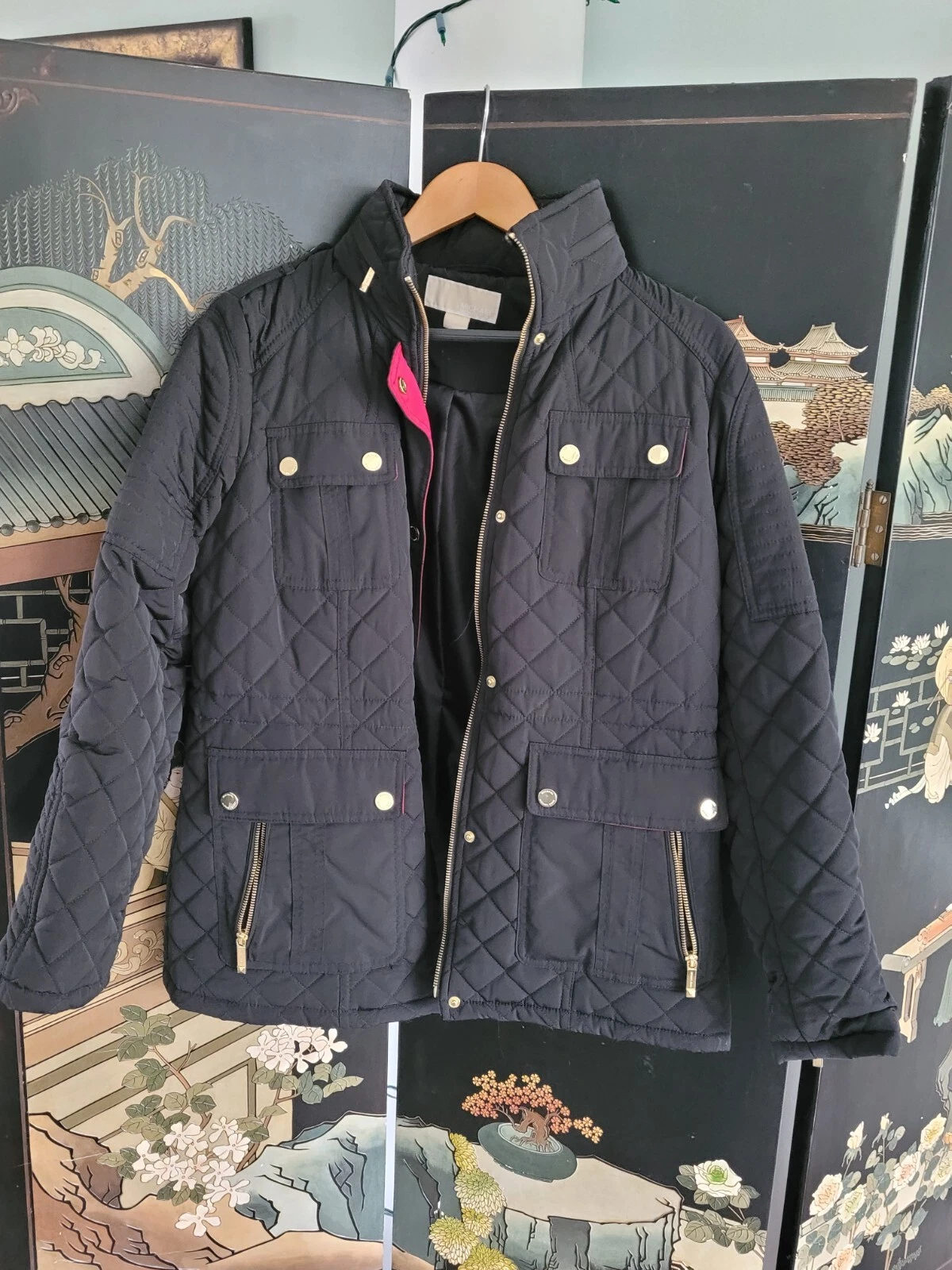 Cappotto donna Michael Kors taglia large nero lungo trapuntato chiusura zip con bottoni oro