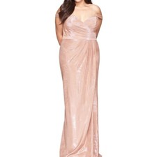 Faviana Off The Shoulder Metallic Shimmer Ruched Gown Gold Size 14W NWT