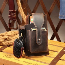 Men's Leather Belt Pouch Phone Holder with Key Clip Vintage Waist Bag 