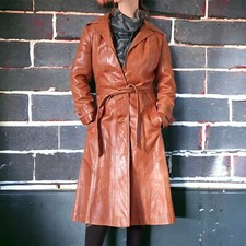 Vintage 70s Cognac Brown Tan Leather Trench Coat Xs/s Belted Mid-length Pockets