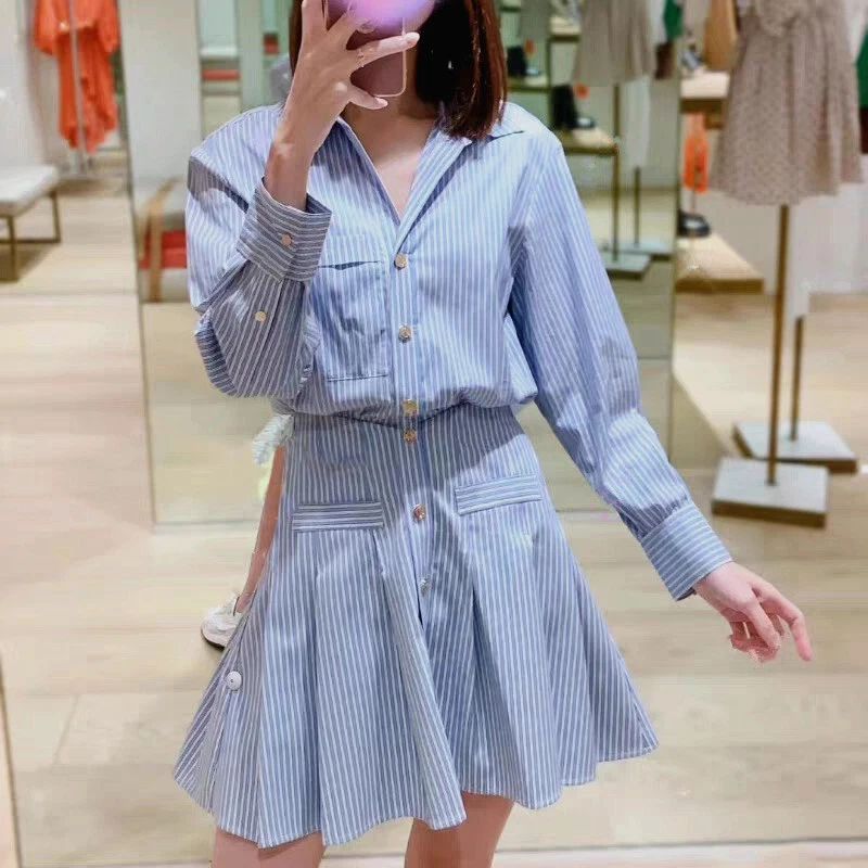 Women s Maje Stripe Design Feeling Waist Pleated Shirt Long Sleeve
