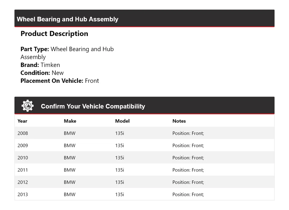 Conjunto de cojinete de rueda y buje delantero Timken 2009 2010 para BMW 135i 2008-2013 Foto 2 de 4